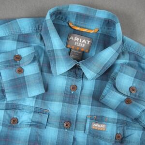 Ariat Rebar Plaid Womens Button Down Shirt S Blue Turquoise Long Sleeve Workwear